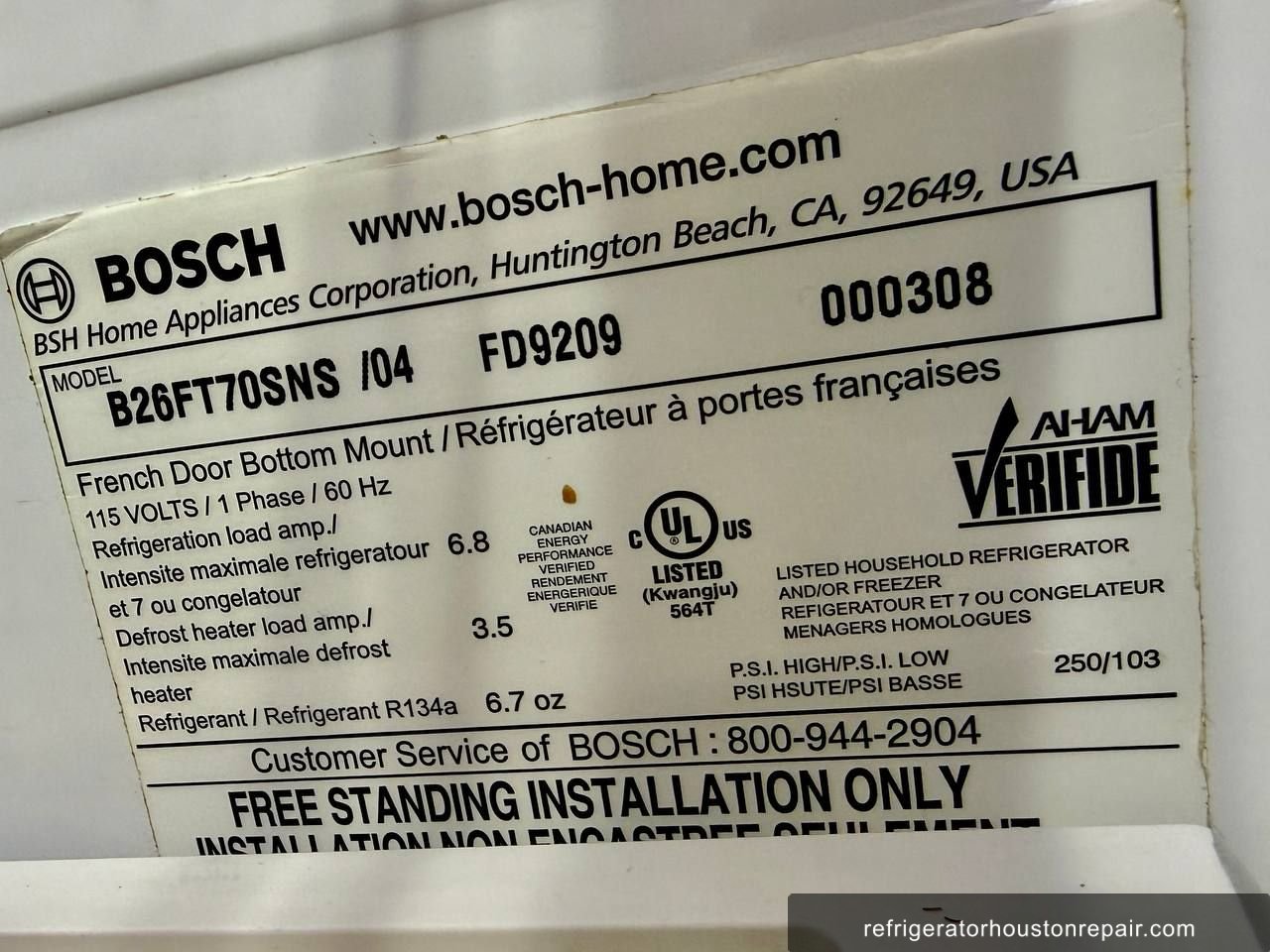 Bosch B26FT70SNS I04 appliance label