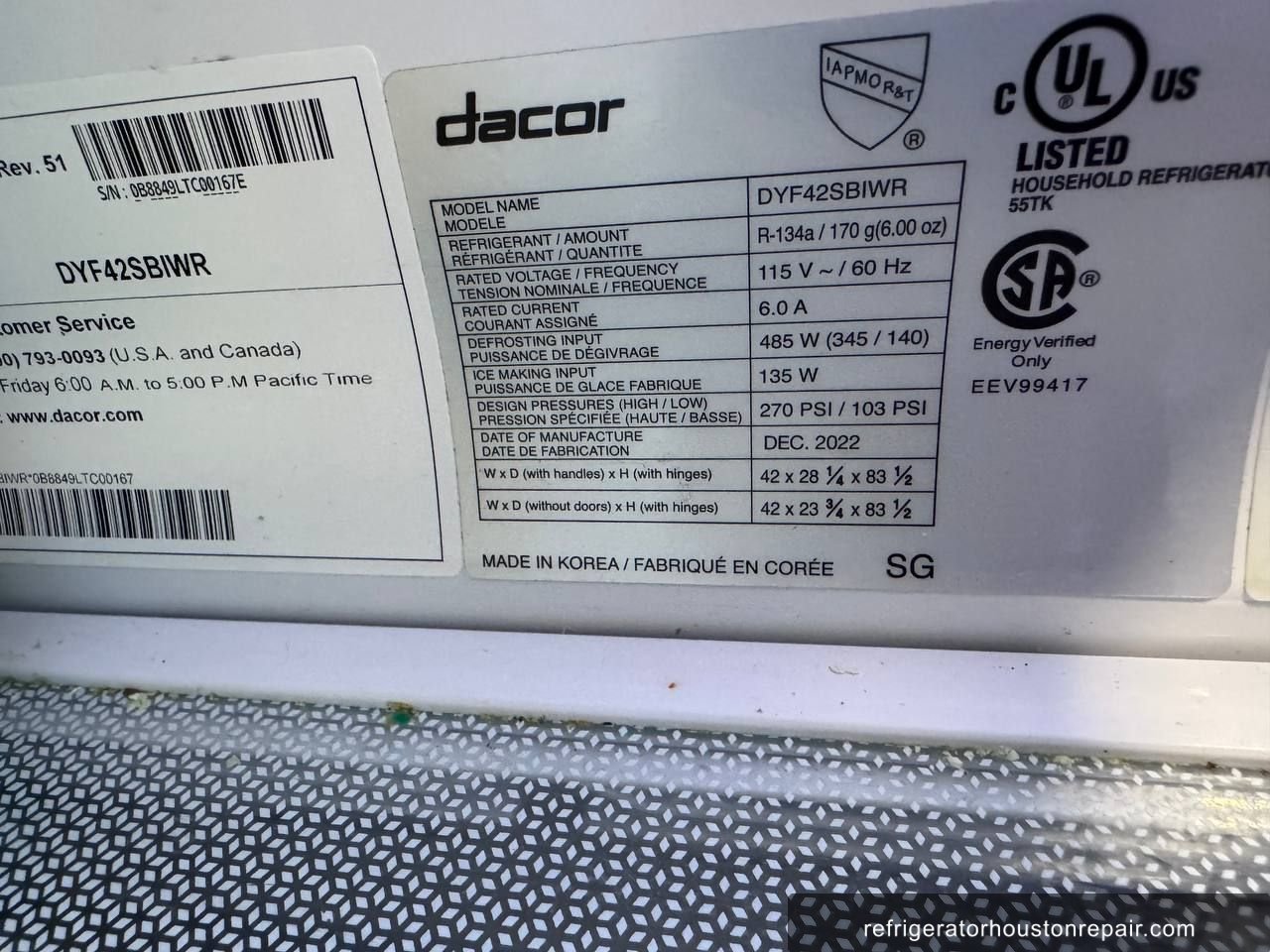 Dacor DYF42SBIWR appliance label