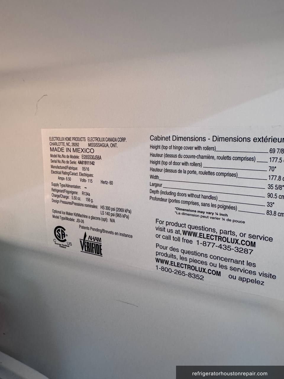 Electrolux EI26SS30JS6A appliance label