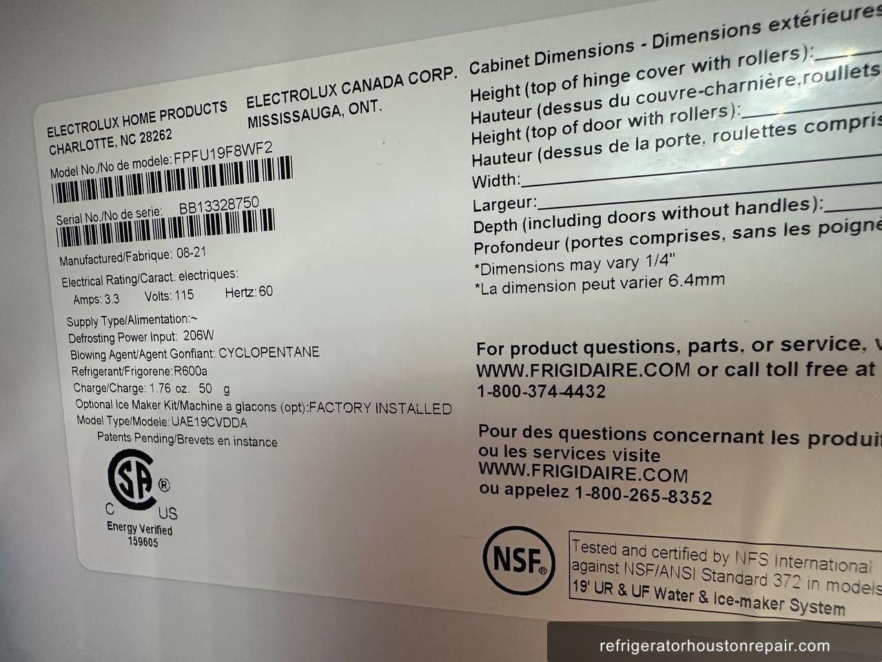 Electrolux FPFU19F8WF2 appliance label