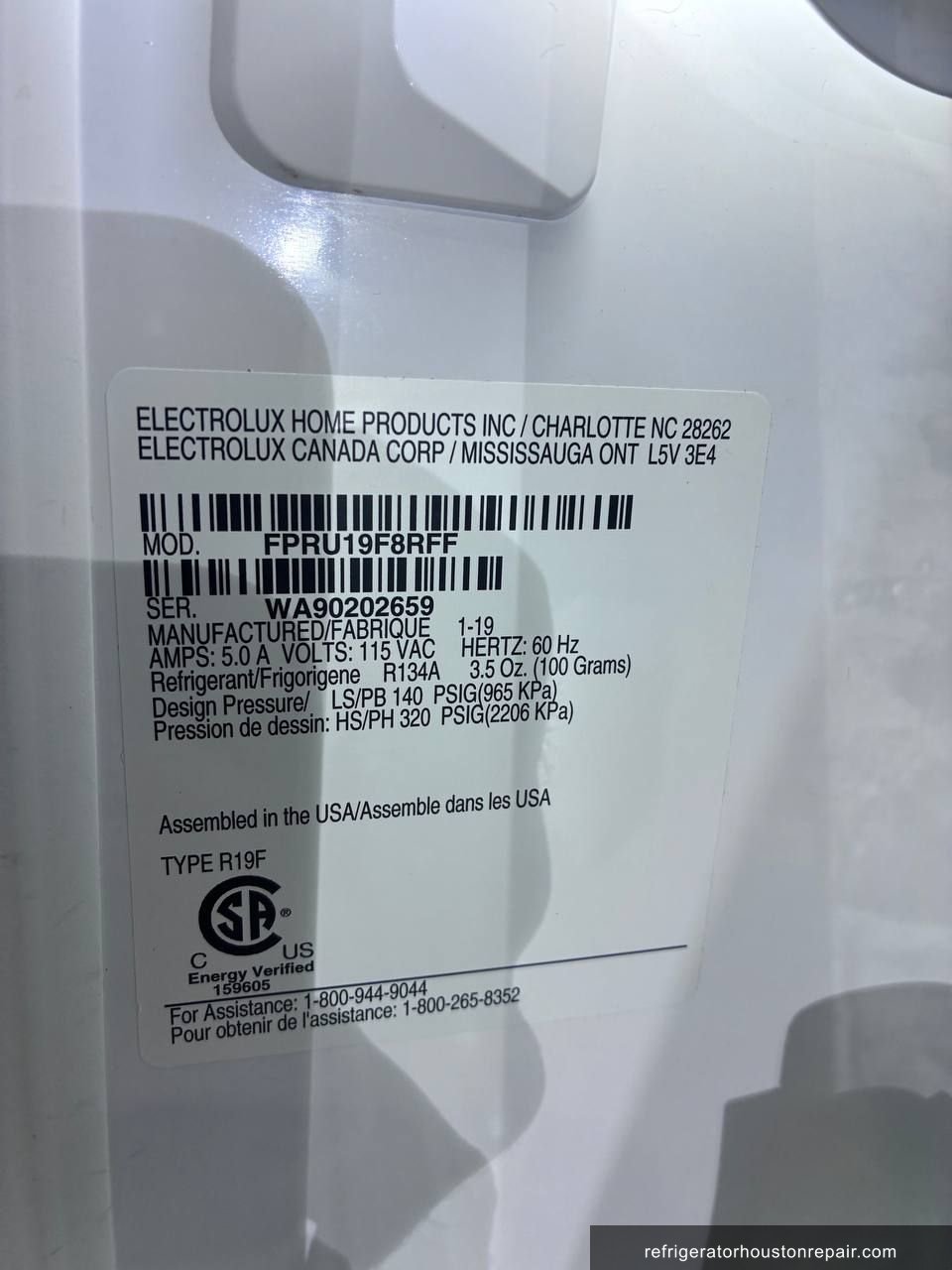 Electrolux FPRU19F8RFF appliance label