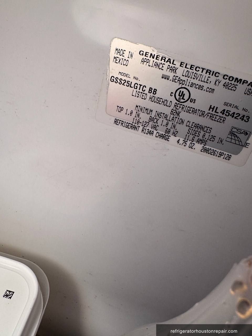 GE GSS25LGTC BB appliance label