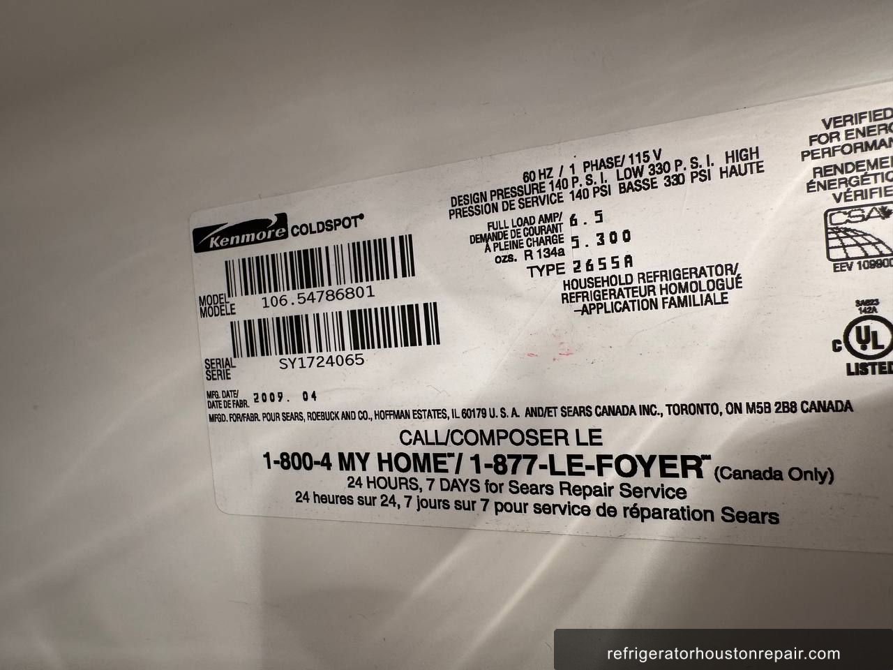 Kenmore 106.54786801 appliance label