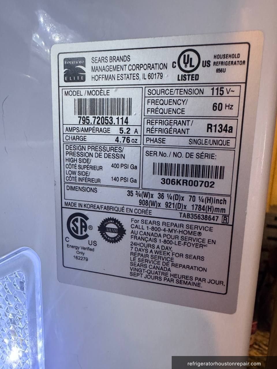Kenmore Elite 795.72053.114 appliance label