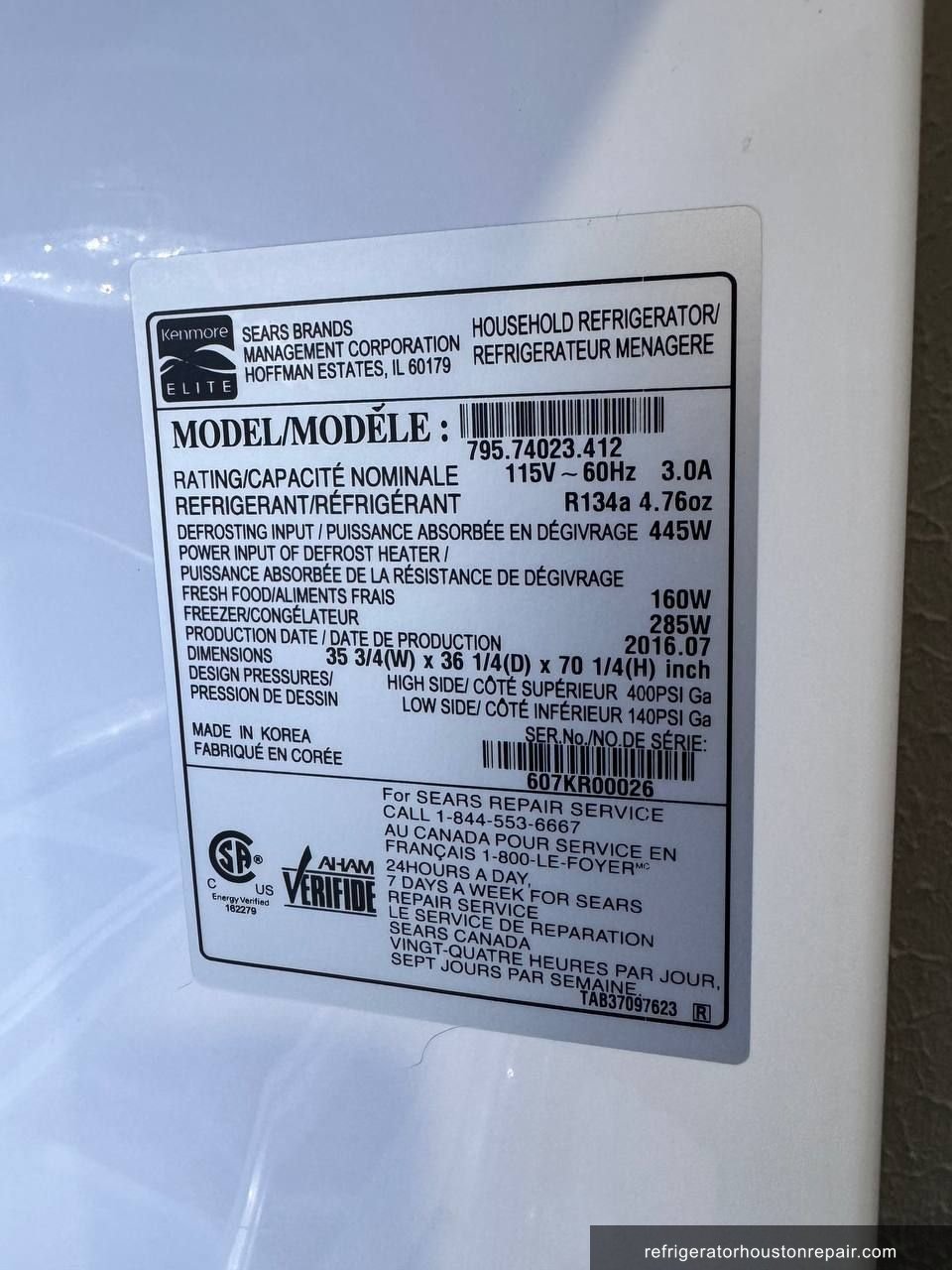 Kenmore Elite 795.74023.412 appliance label