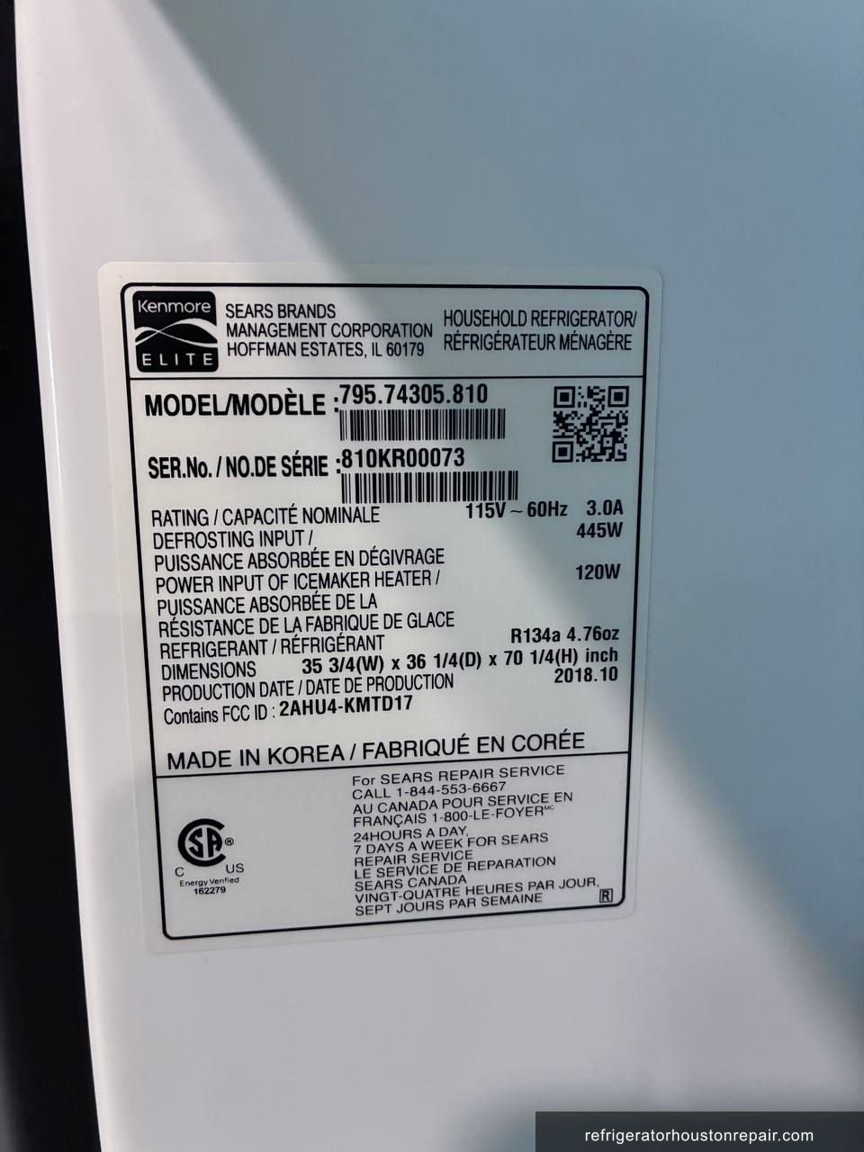 Kenmore Elite 795.74305.810 appliance label