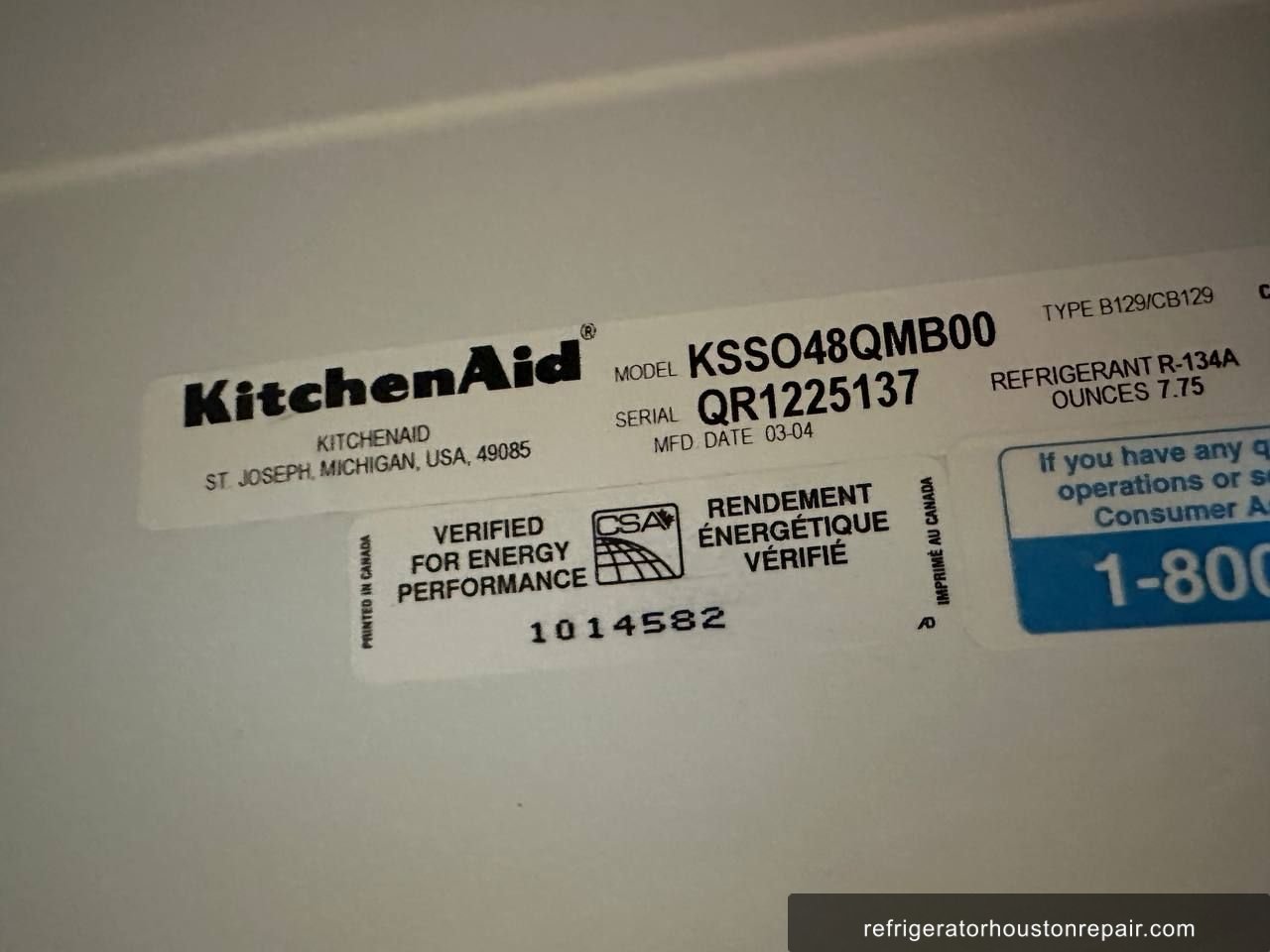 KitchenAid KSSO48QMB00 appliance label