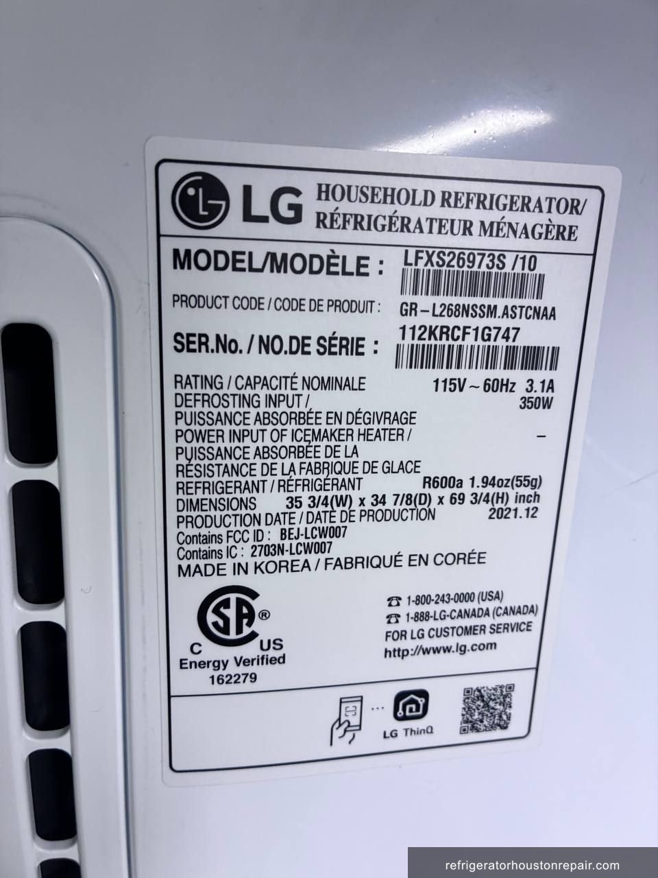 LG LEXS26073S/10 appliance label