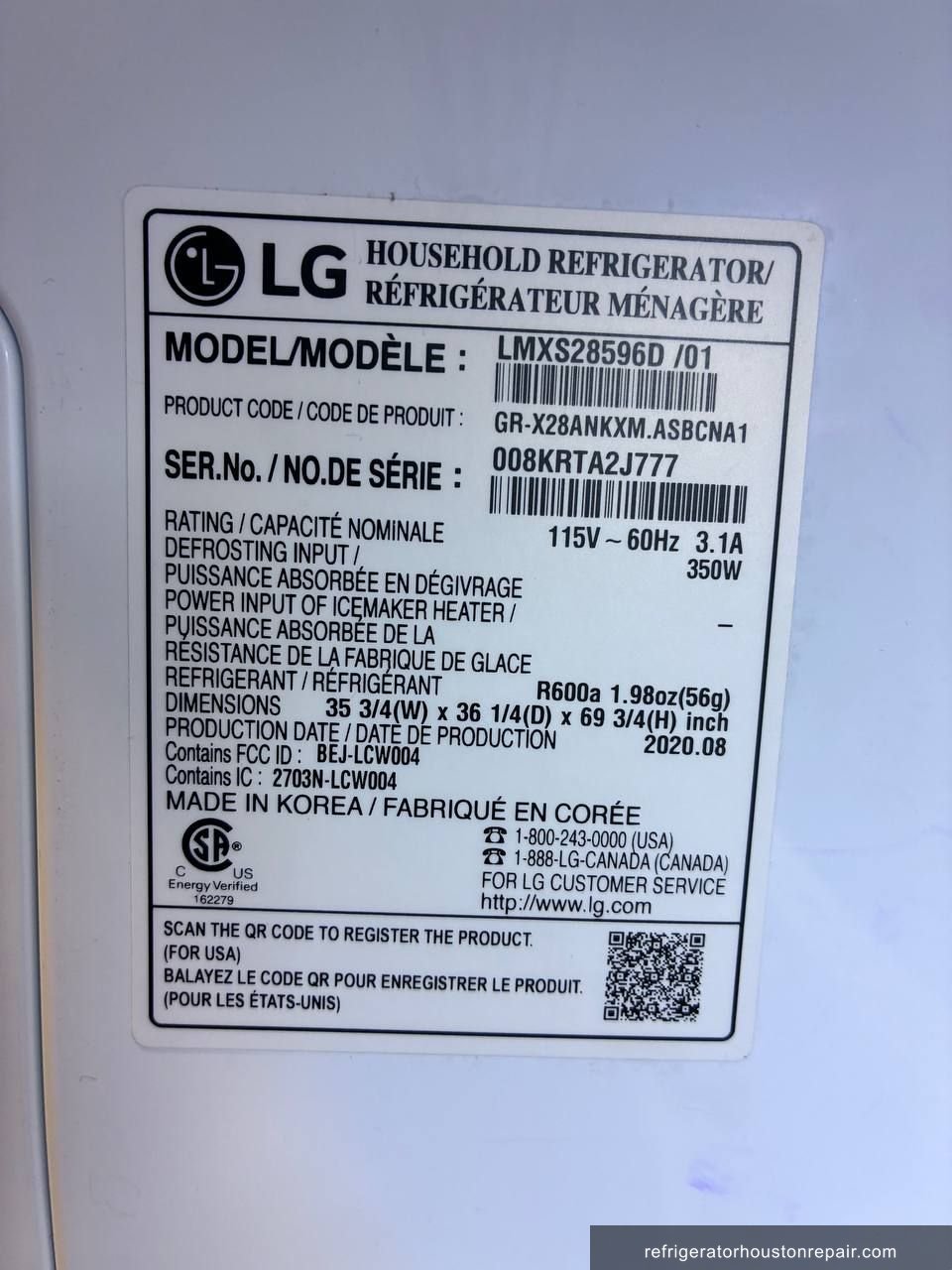 LG LMXS28596D /01 appliance label
