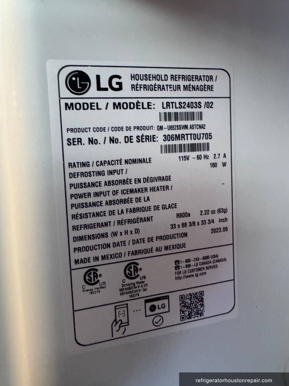 LG LRTLS2403S/02 appliance label
