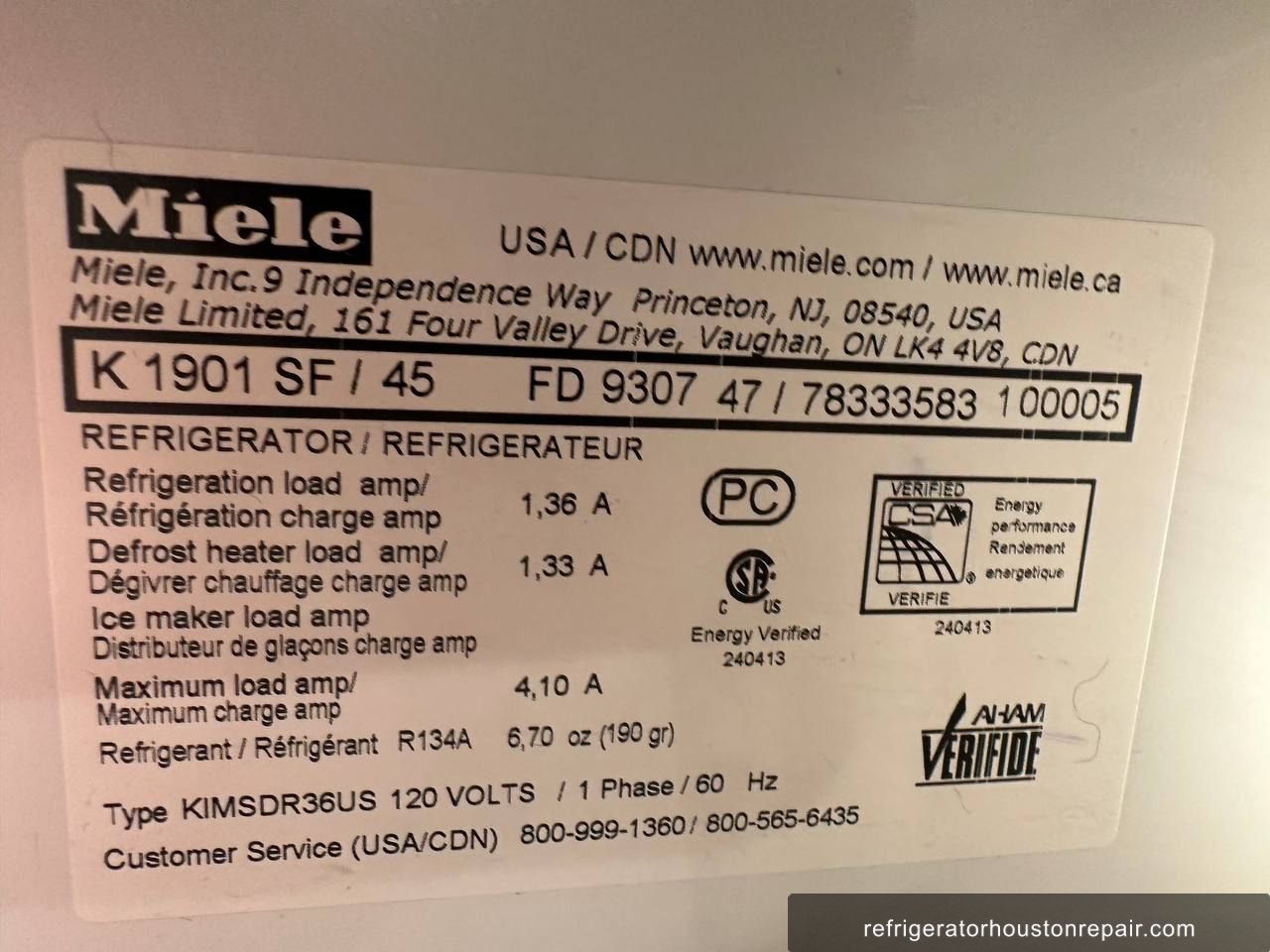 Miele K 1901 SF / 45 appliance label