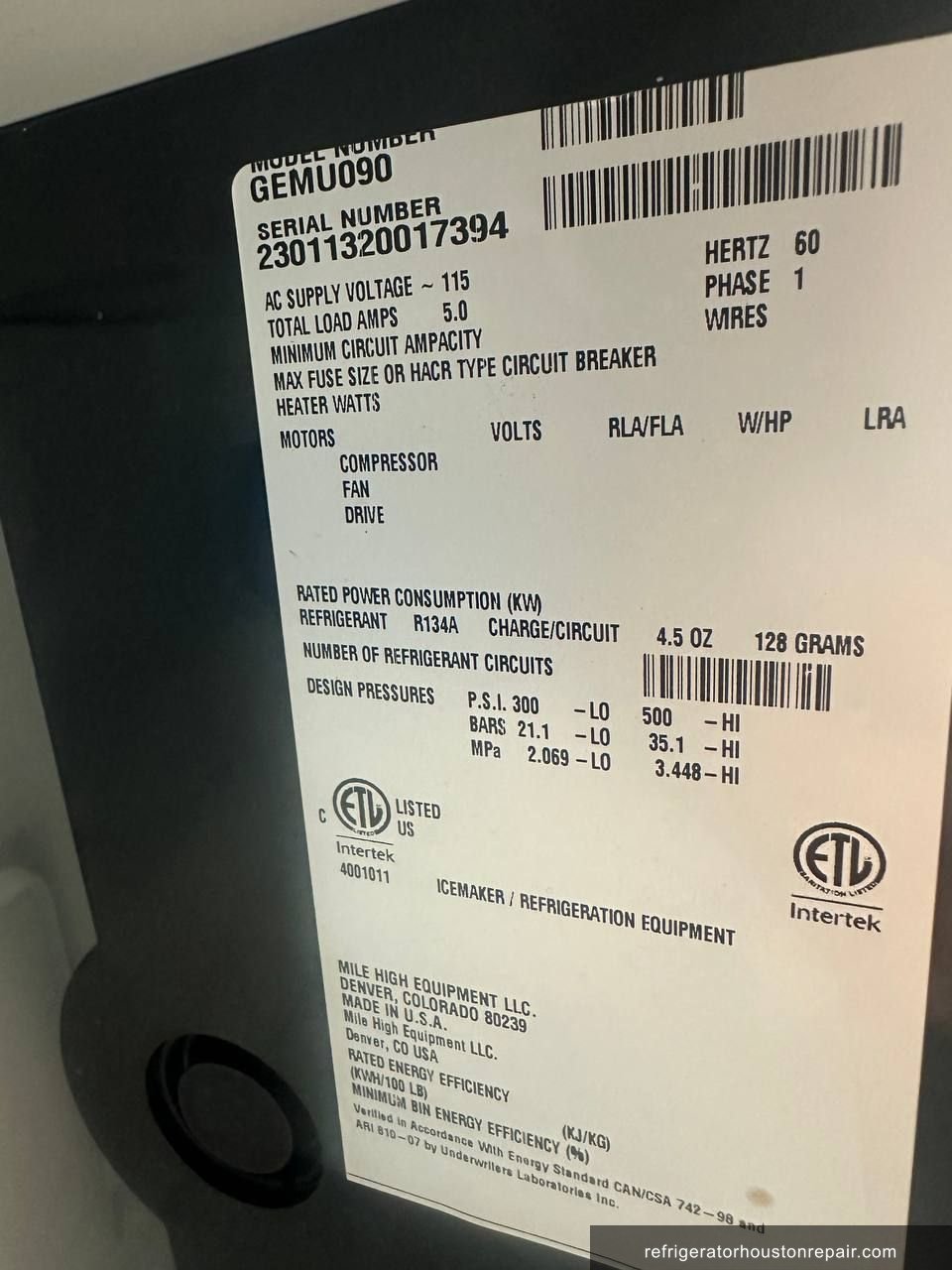 Ice-O-Matic GEMU090 appliance label