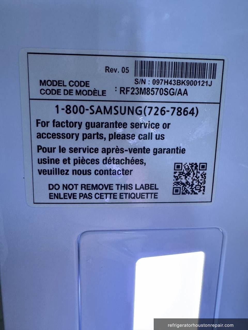Samsung RF23M8570SG/AA appliance label