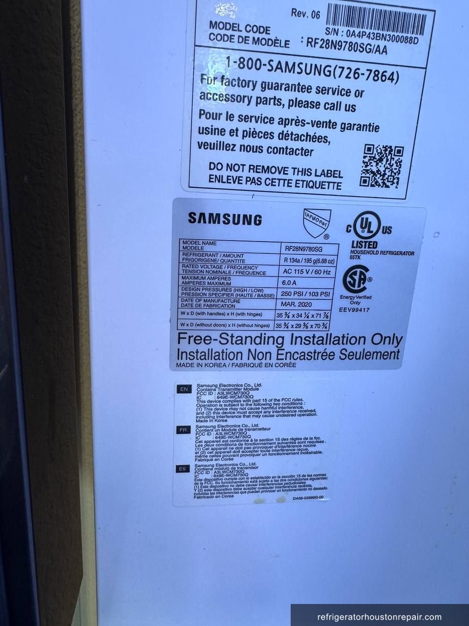 Samsung RF28N9780SG appliance label