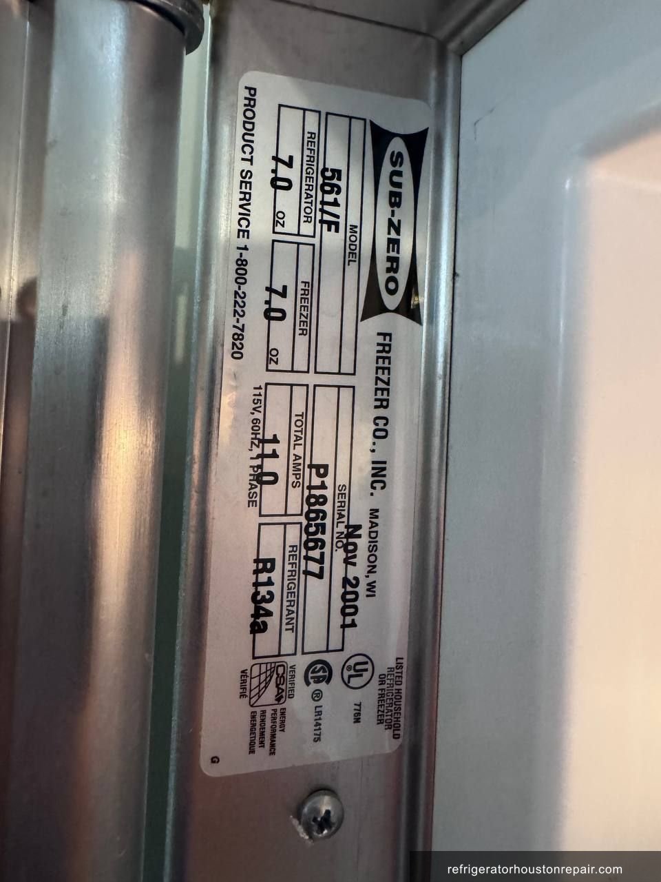 Sub-Zero 561/F appliance label
