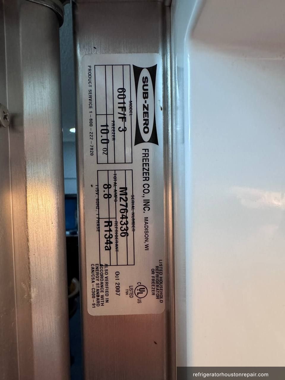 Sub-Zero 601F/36 appliance label