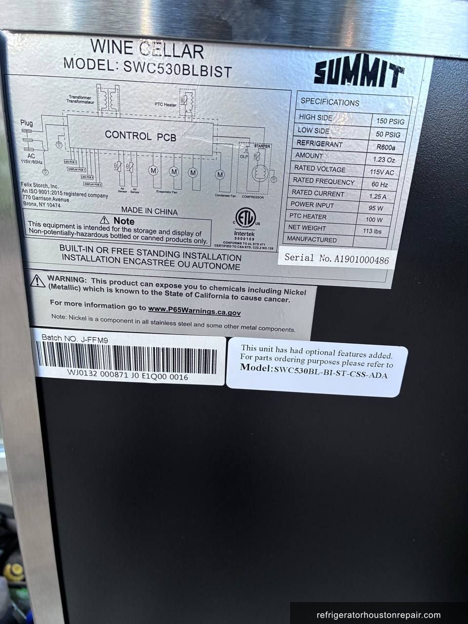 Summit SWC530BLBIST appliance label