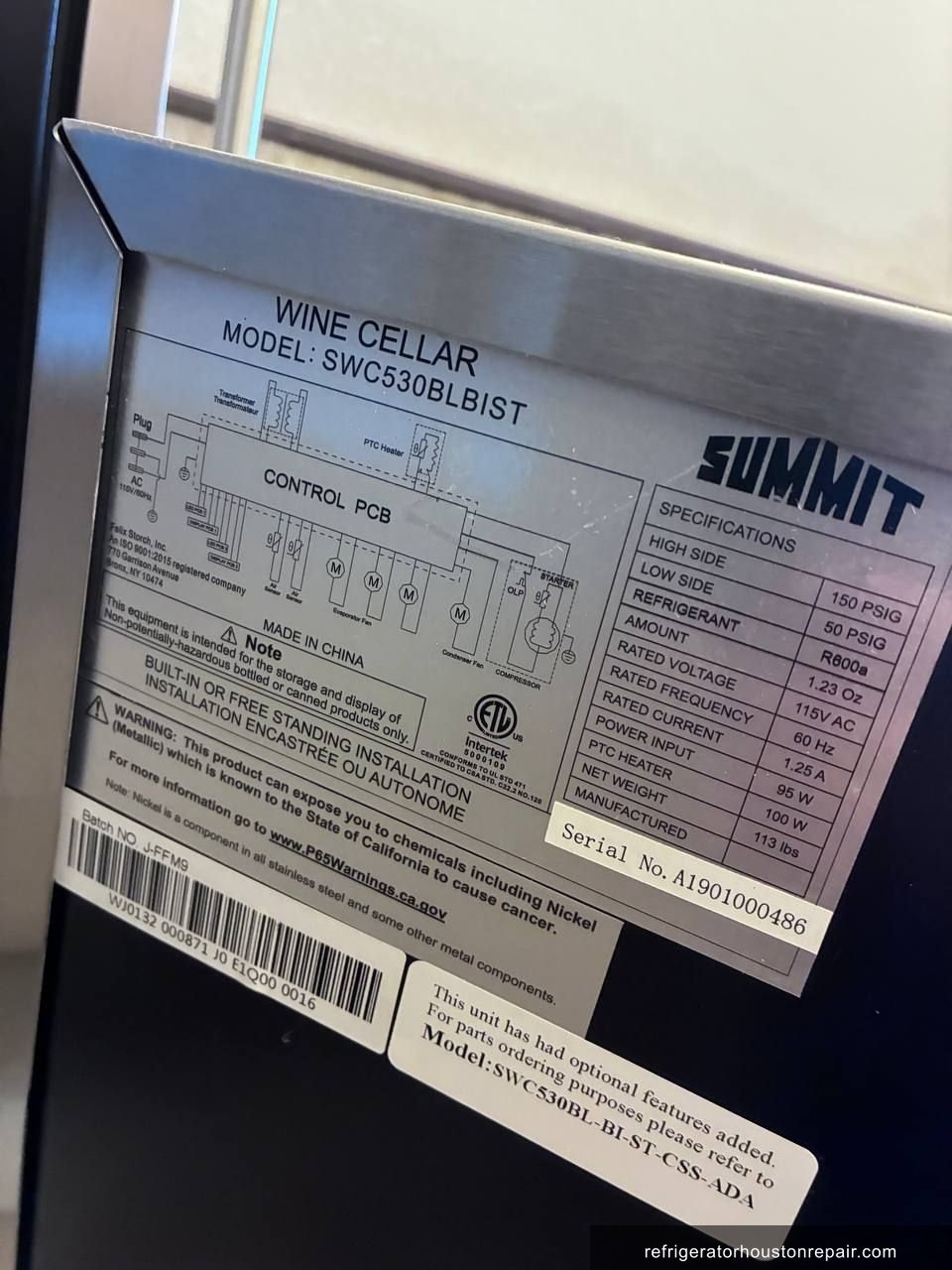 Summit SWC530BLBIST repair in The Woodlands, TX — photo 2