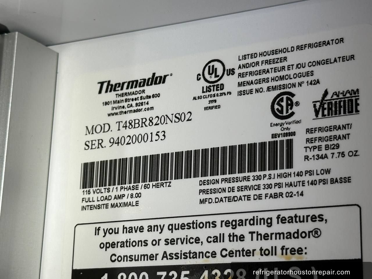 Thermador T48BR820NS02 appliance label
