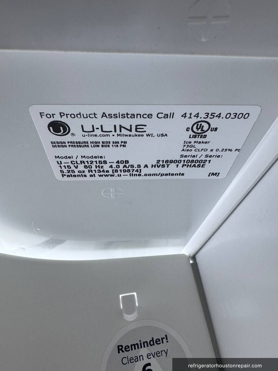 U-Line UL-CLR1215S-40B appliance label