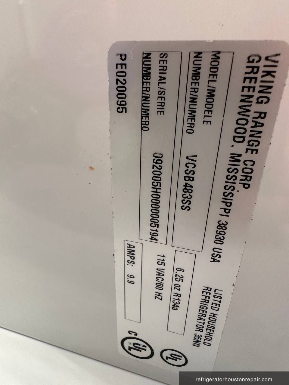 Viking VCSB483SS appliance label