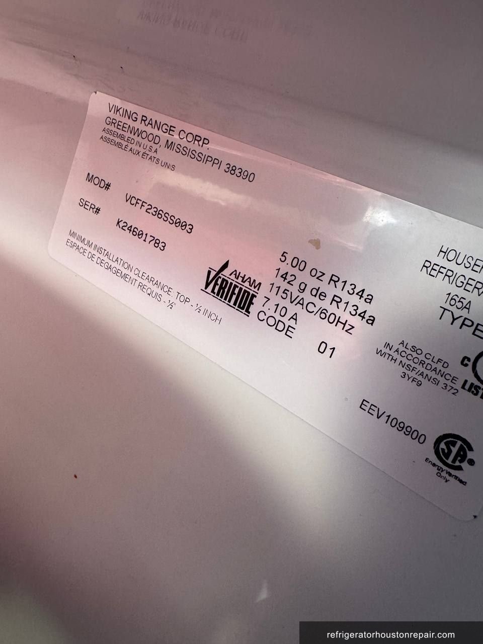 Viking VCFF236SS003 appliance label