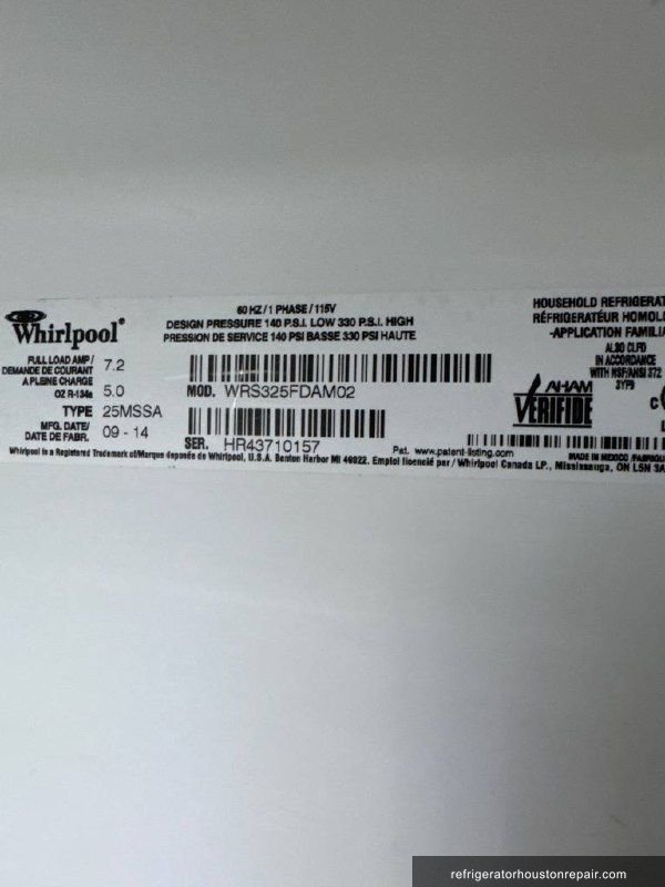 Whirlpool WRS325FDAM02 appliance label
