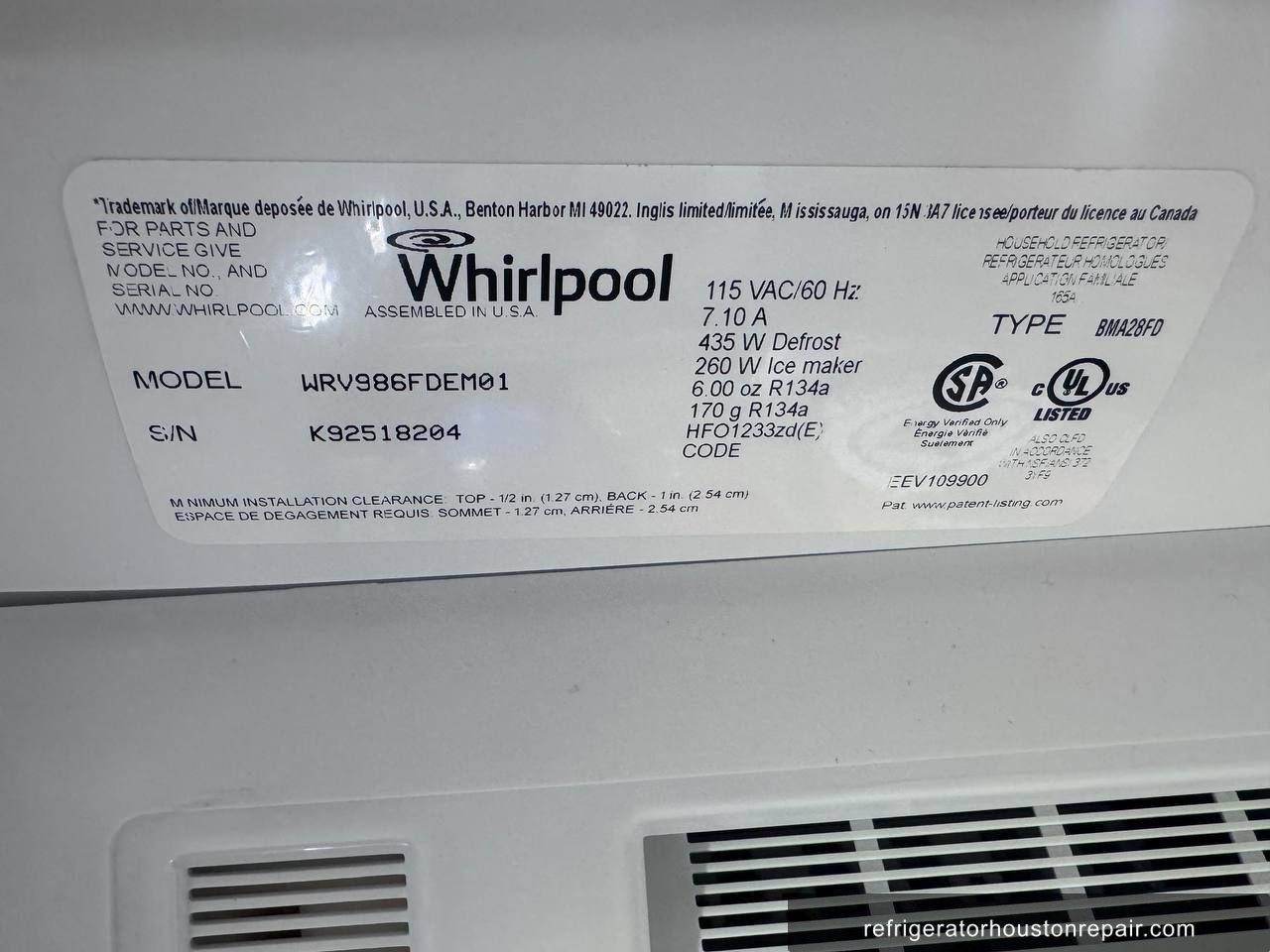 Whirlpool WRV986FDEM01 appliance label